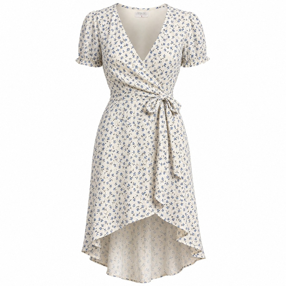 Sienna Sky Womens S White Blue Floral Faux Wrap High Low Dress Boho Cottagecore